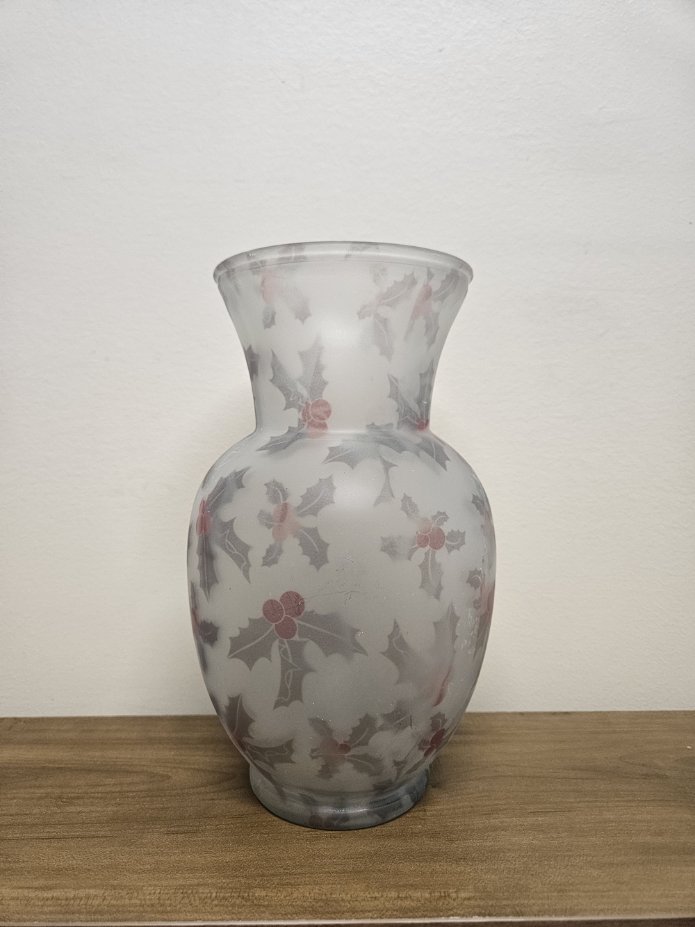 Frosted Glass Holiday Vase With Holly Berry Motif